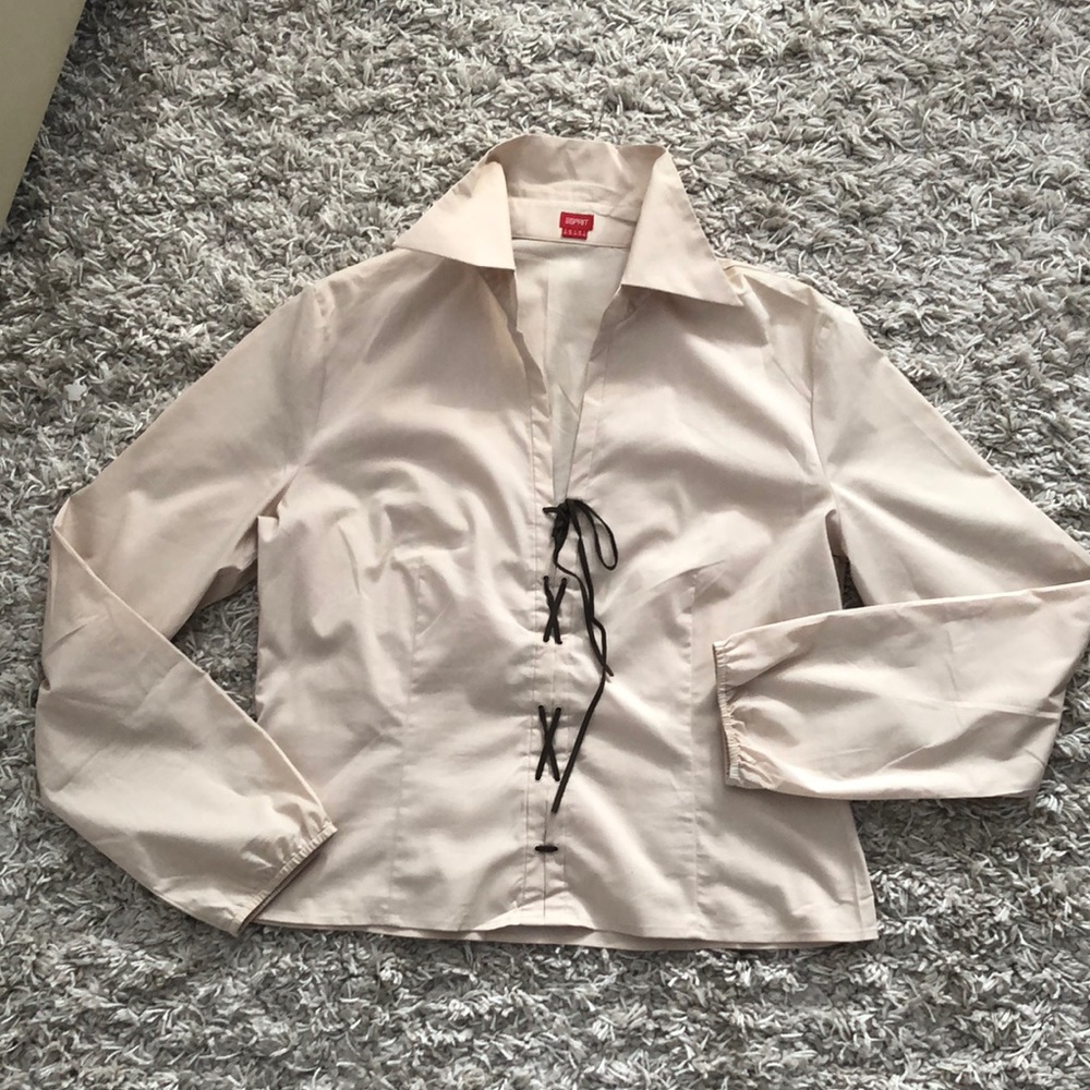 Beige/Creme Long sleeve VNeck/ collar blouse &leather lacing, ESPRIT, EUR42/US12